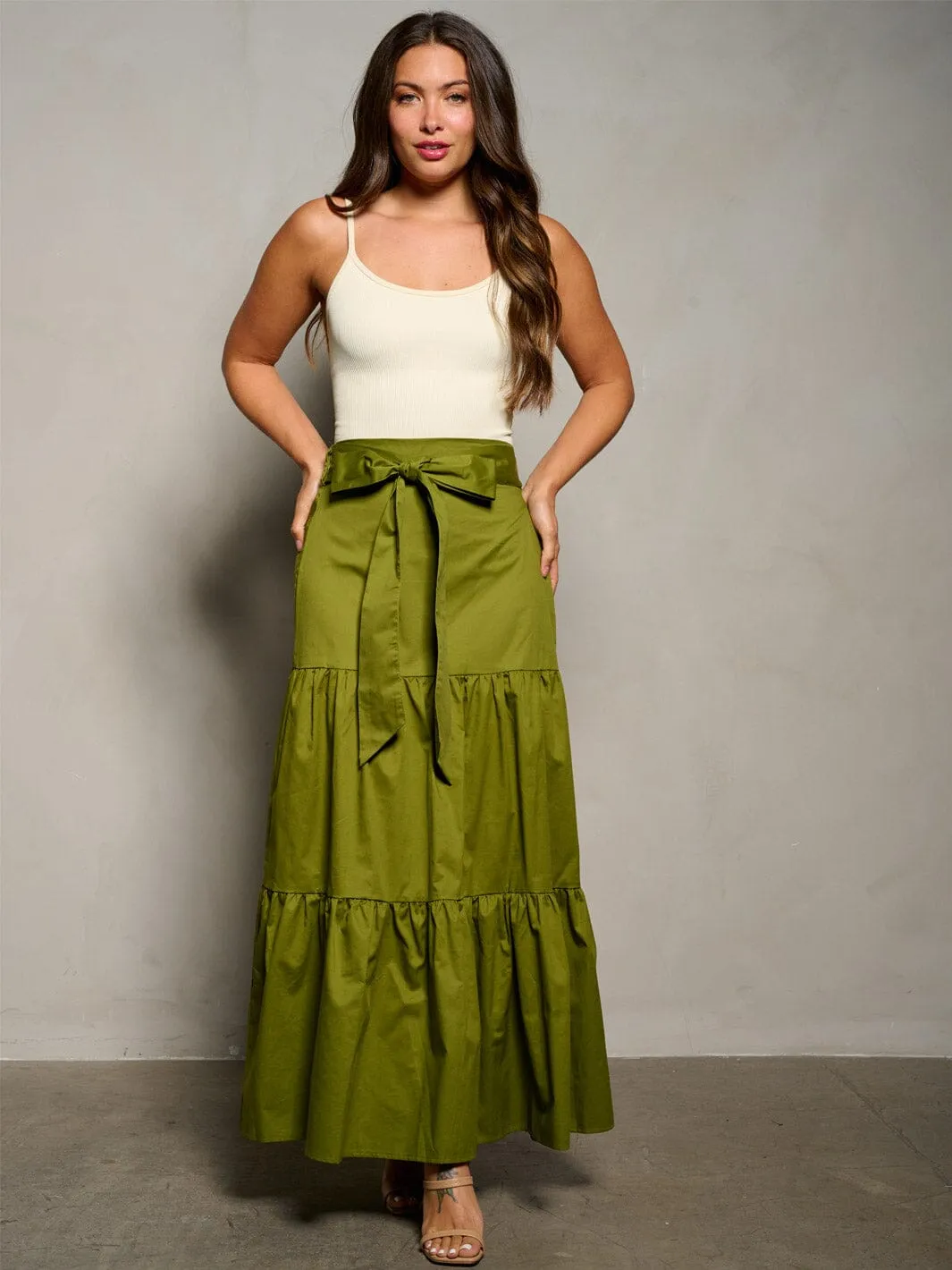 WOMEN'S ELASTIC WAIST RUFFLE TIERED MAXI SKIRT