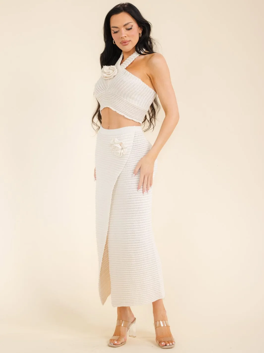 WOMEN'S ELASTIC WAIST SURPLICE FLOWER KNIT MAXI SKIRT
