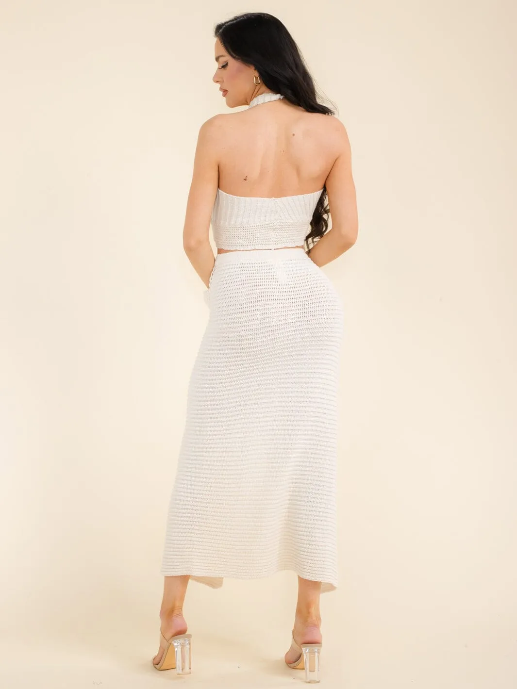 WOMEN'S ELASTIC WAIST SURPLICE FLOWER KNIT MAXI SKIRT