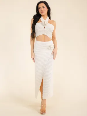 WOMEN'S ELASTIC WAIST SURPLICE FLOWER KNIT MAXI SKIRT