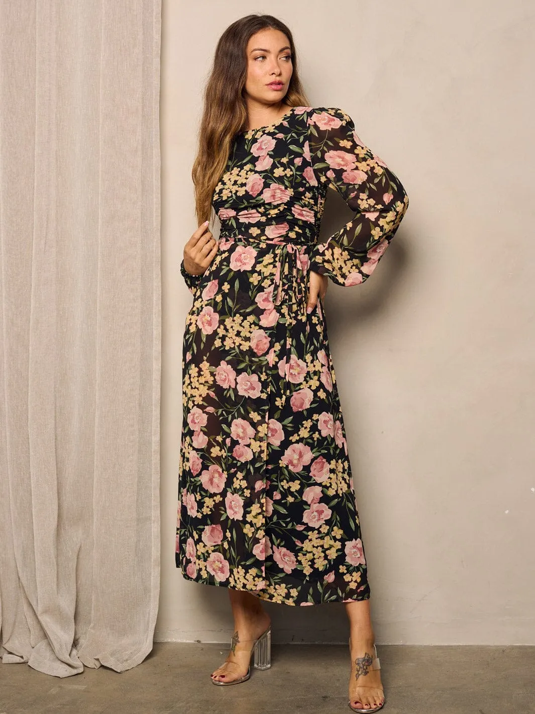 WOMEN'S LONG PUFF SLEEVE SIDE RUCHED FLORAL MAXI DRESS