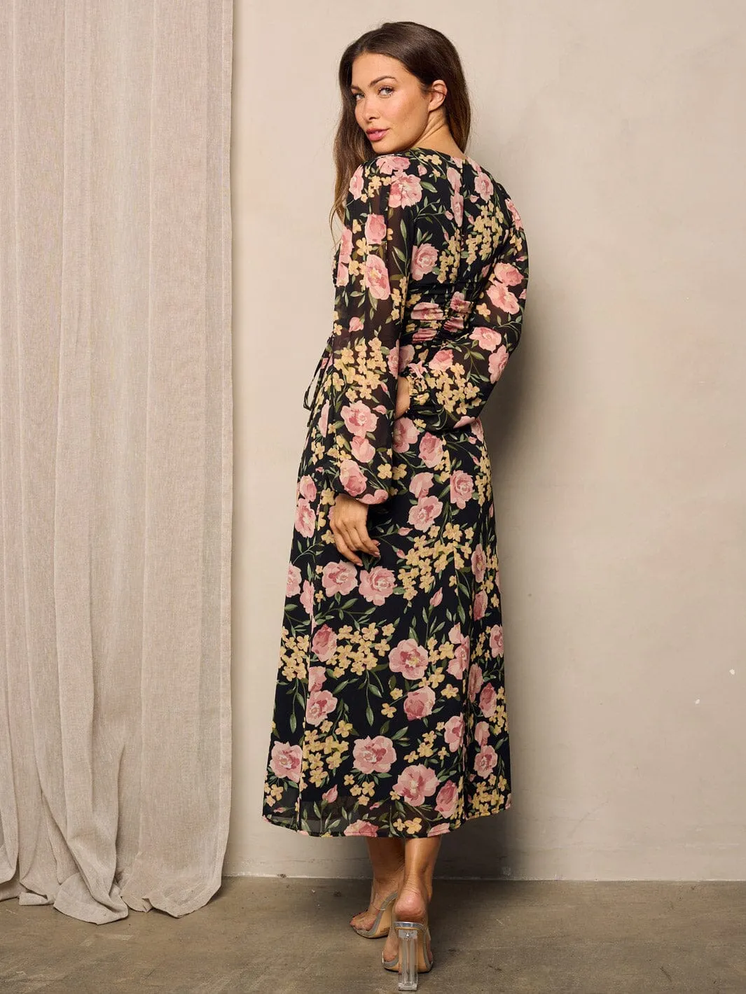 WOMEN'S LONG PUFF SLEEVE SIDE RUCHED FLORAL MAXI DRESS