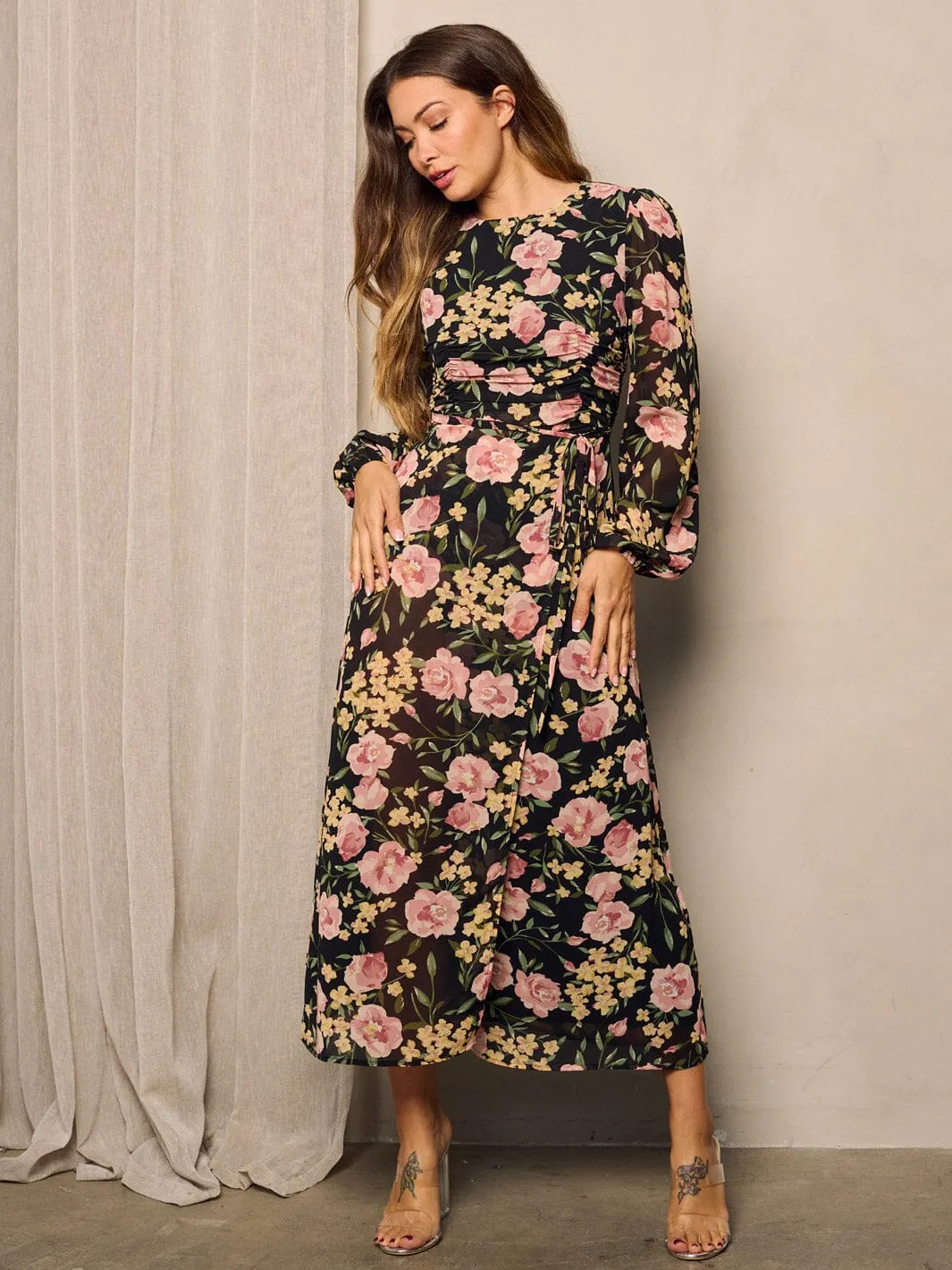 WOMEN'S LONG PUFF SLEEVE SIDE RUCHED FLORAL MAXI DRESS