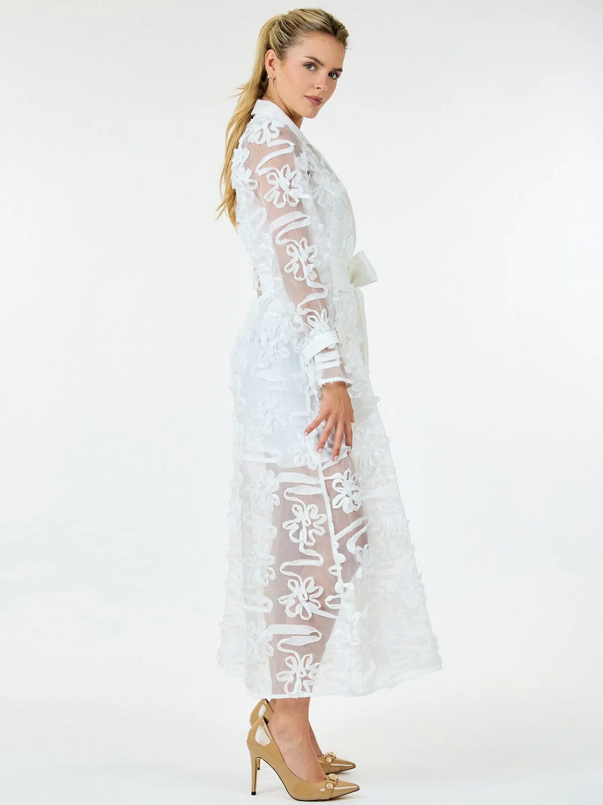 WOMEN'S LONG SLEEVE BUTTON UP SELF TIE DETAILED MAXI DRESS