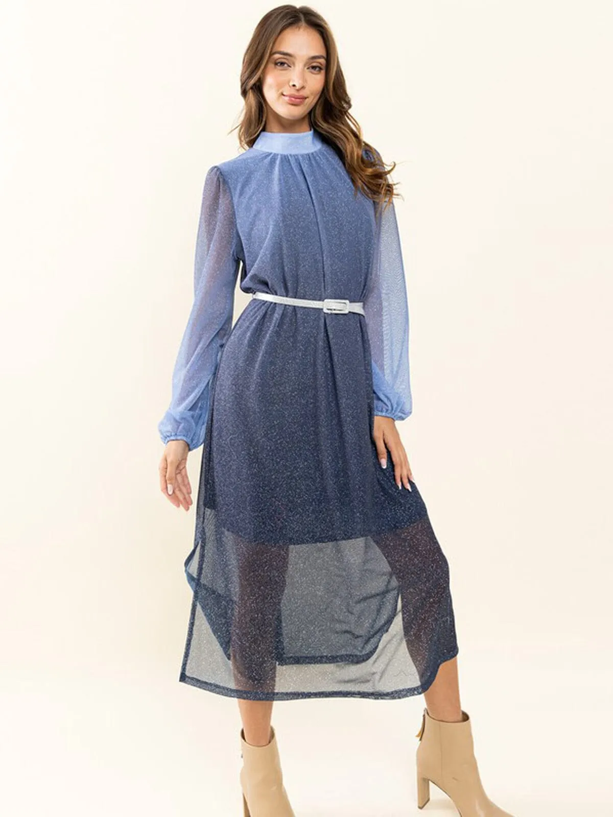 WOMEN'S LONG SLEEVE MOCK NECK BELTED SHIMMER MAXI DRESS