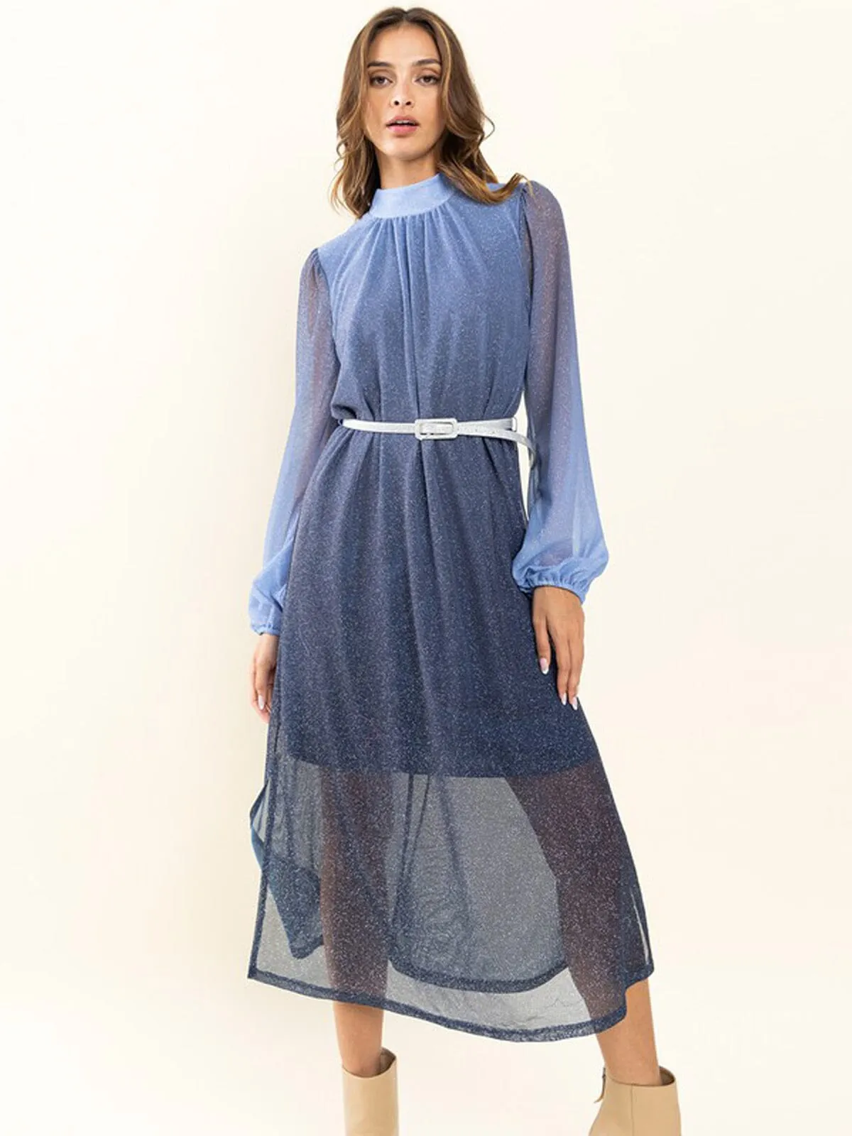 WOMEN'S LONG SLEEVE MOCK NECK BELTED SHIMMER MAXI DRESS