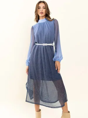 WOMEN'S LONG SLEEVE MOCK NECK BELTED SHIMMER MAXI DRESS