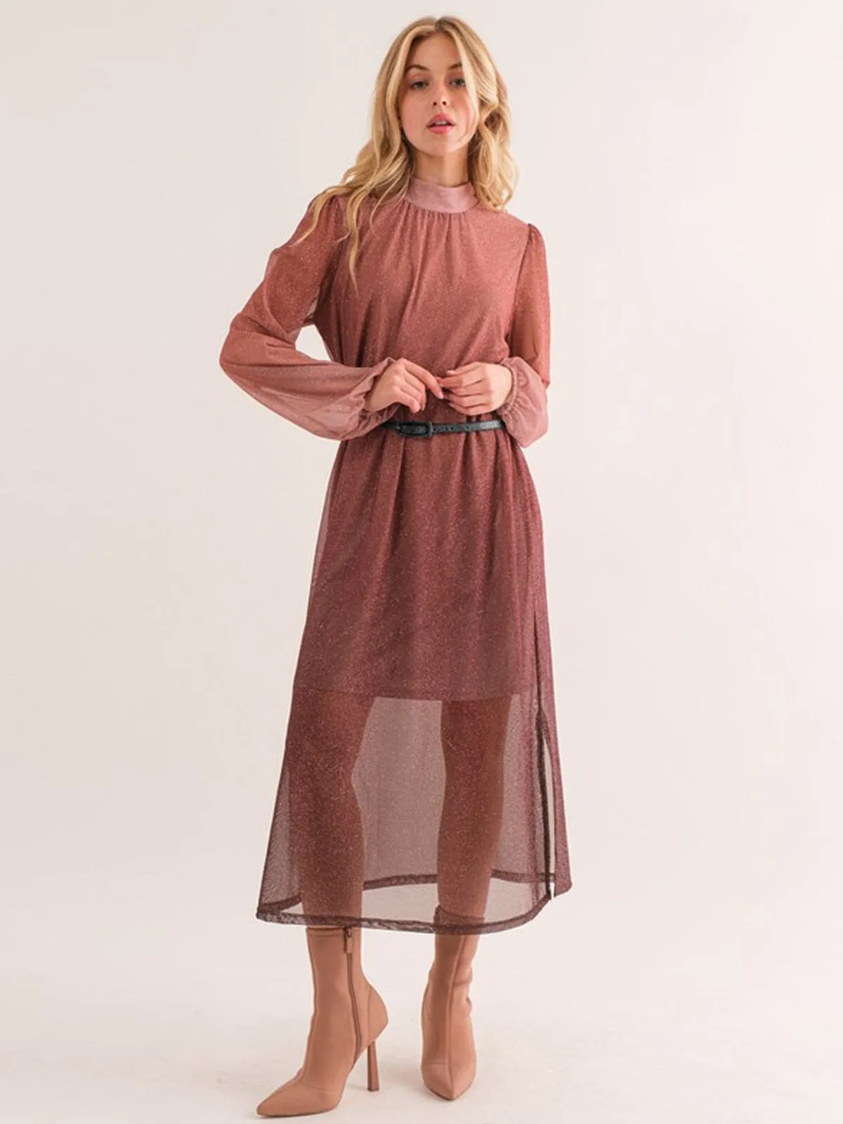 WOMEN'S LONG SLEEVE MOCK NECK BELTED SHIMMER MAXI DRESS
