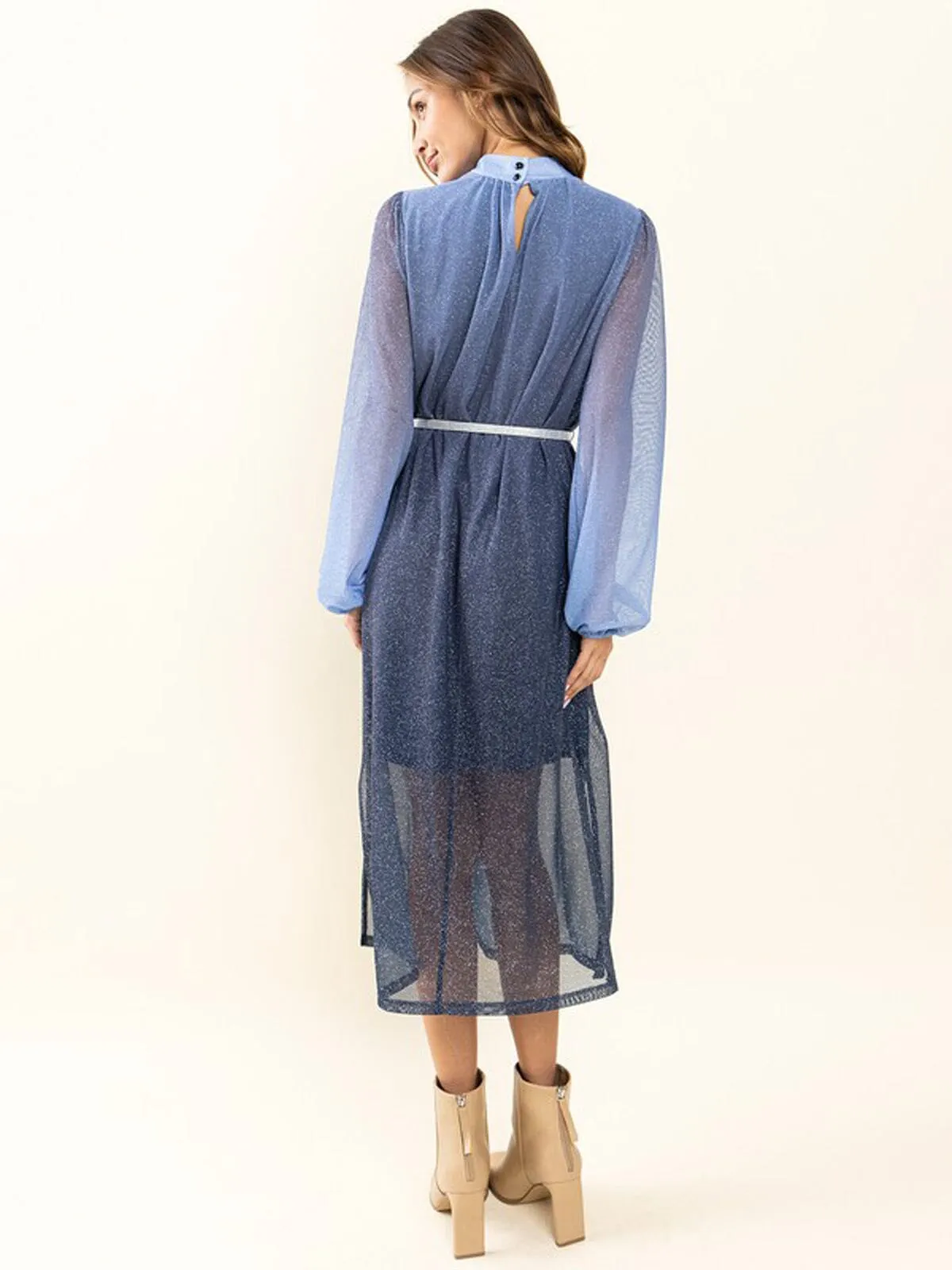 WOMEN'S LONG SLEEVE MOCK NECK BELTED SHIMMER MAXI DRESS