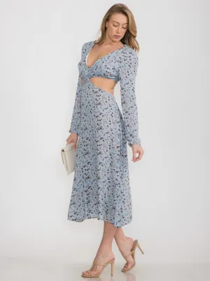WOMEN'S LONG SLEEVE OPEN BACK V-NECK CUT OUT FLORAL MAXI DRESS
