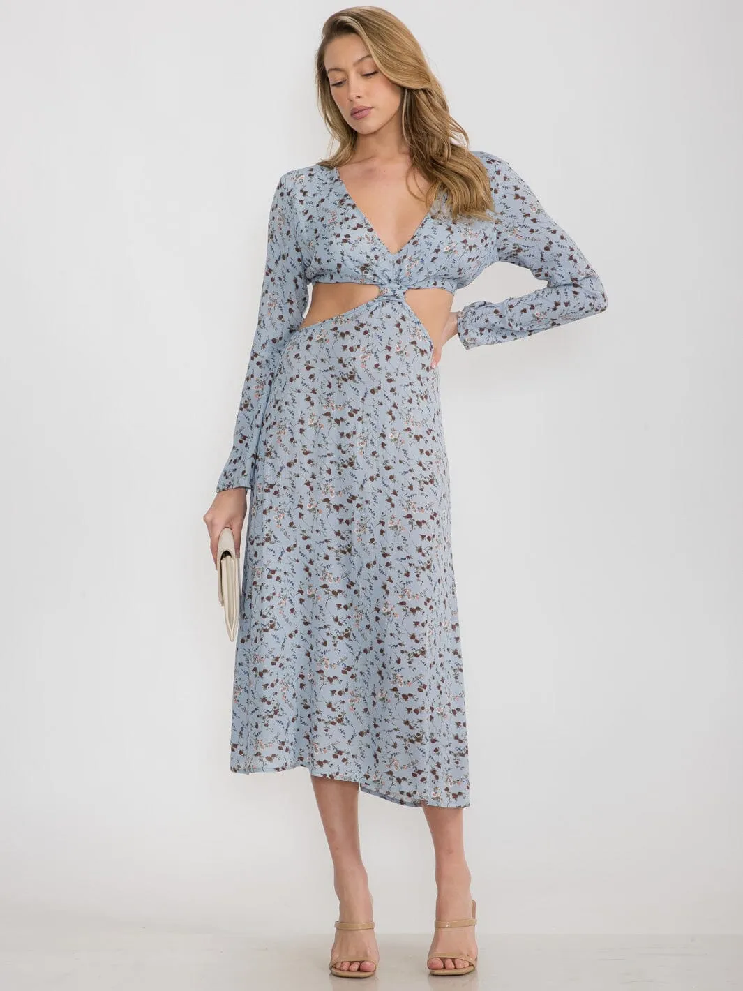 WOMEN'S LONG SLEEVE OPEN BACK V-NECK CUT OUT FLORAL MAXI DRESS