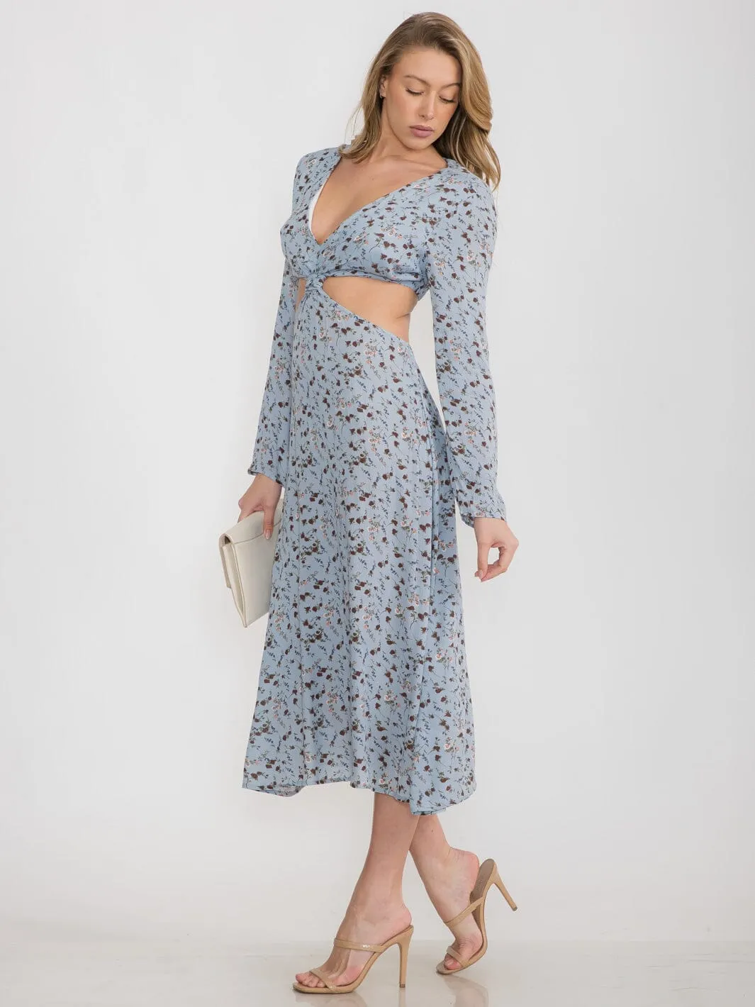 WOMEN'S LONG SLEEVE OPEN BACK V-NECK CUT OUT FLORAL MAXI DRESS