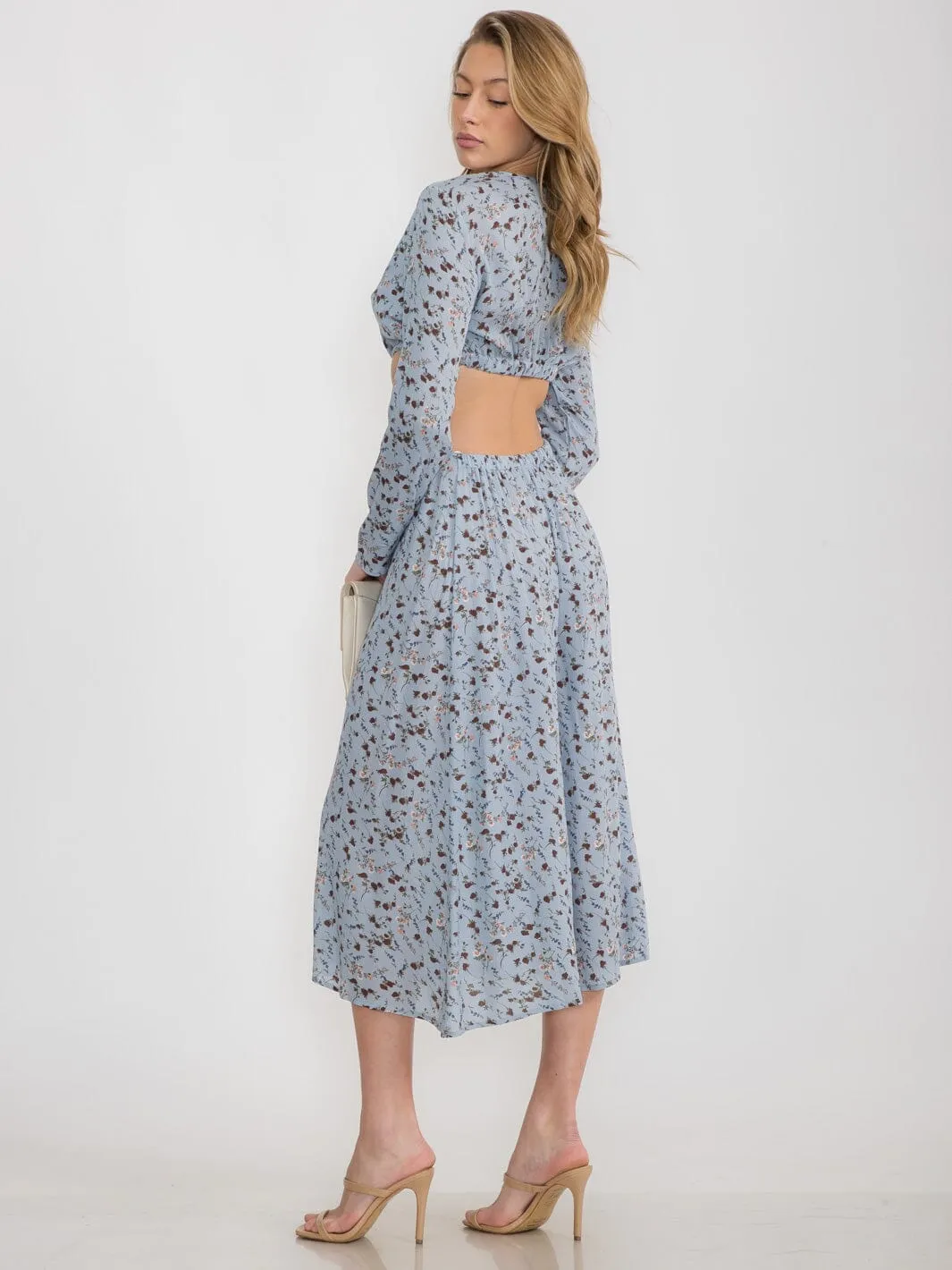 WOMEN'S LONG SLEEVE OPEN BACK V-NECK CUT OUT FLORAL MAXI DRESS
