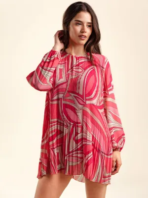 WOMEN'S LONG SLEEVE PLEATED MULTI PRINT MINI DRESS