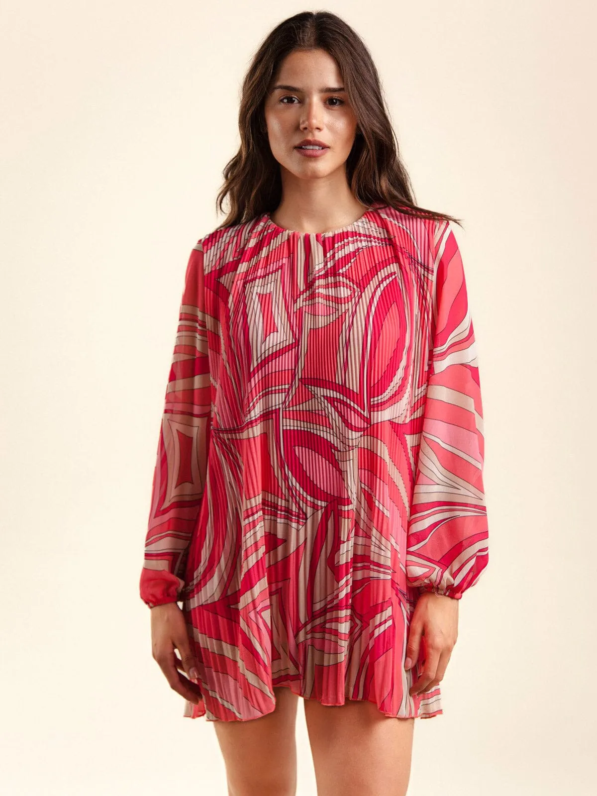 WOMEN'S LONG SLEEVE PLEATED MULTI PRINT MINI DRESS