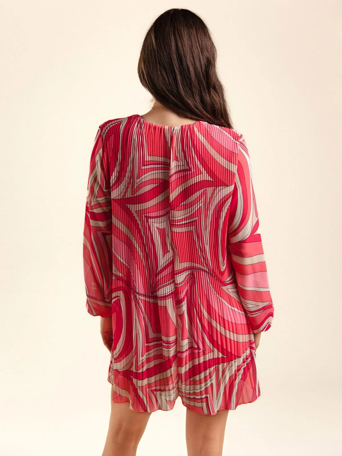 WOMEN'S LONG SLEEVE PLEATED MULTI PRINT MINI DRESS