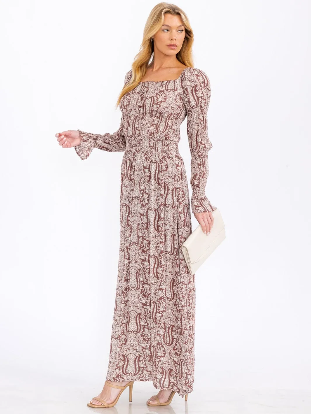 WOMEN'S LONG SLEEVE SMOCK SQUARE NECK PRINTED MAXI DRESS