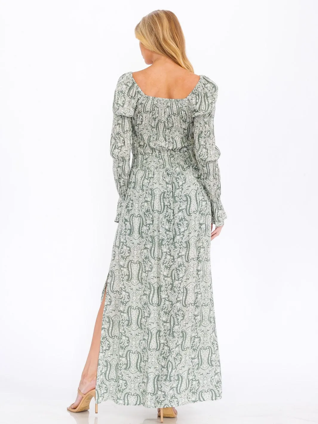 WOMEN'S LONG SLEEVE SMOCK SQUARE NECK PRINTED MAXI DRESS