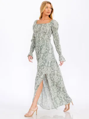 WOMEN'S LONG SLEEVE SMOCK SQUARE NECK PRINTED MAXI DRESS
