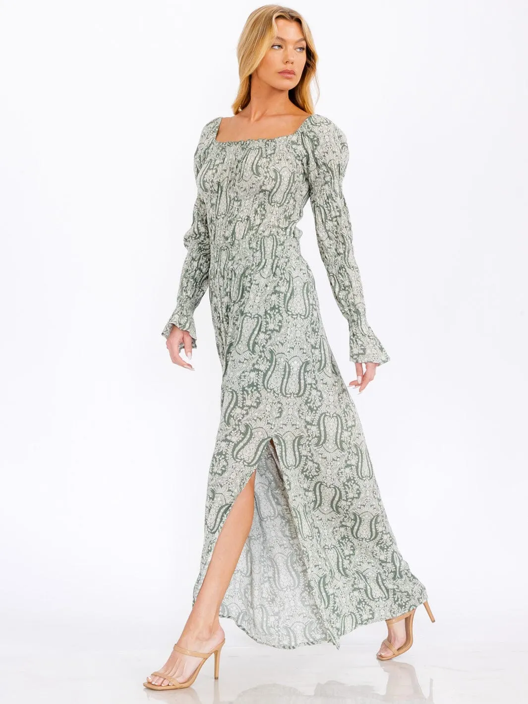 WOMEN'S LONG SLEEVE SMOCK SQUARE NECK PRINTED MAXI DRESS