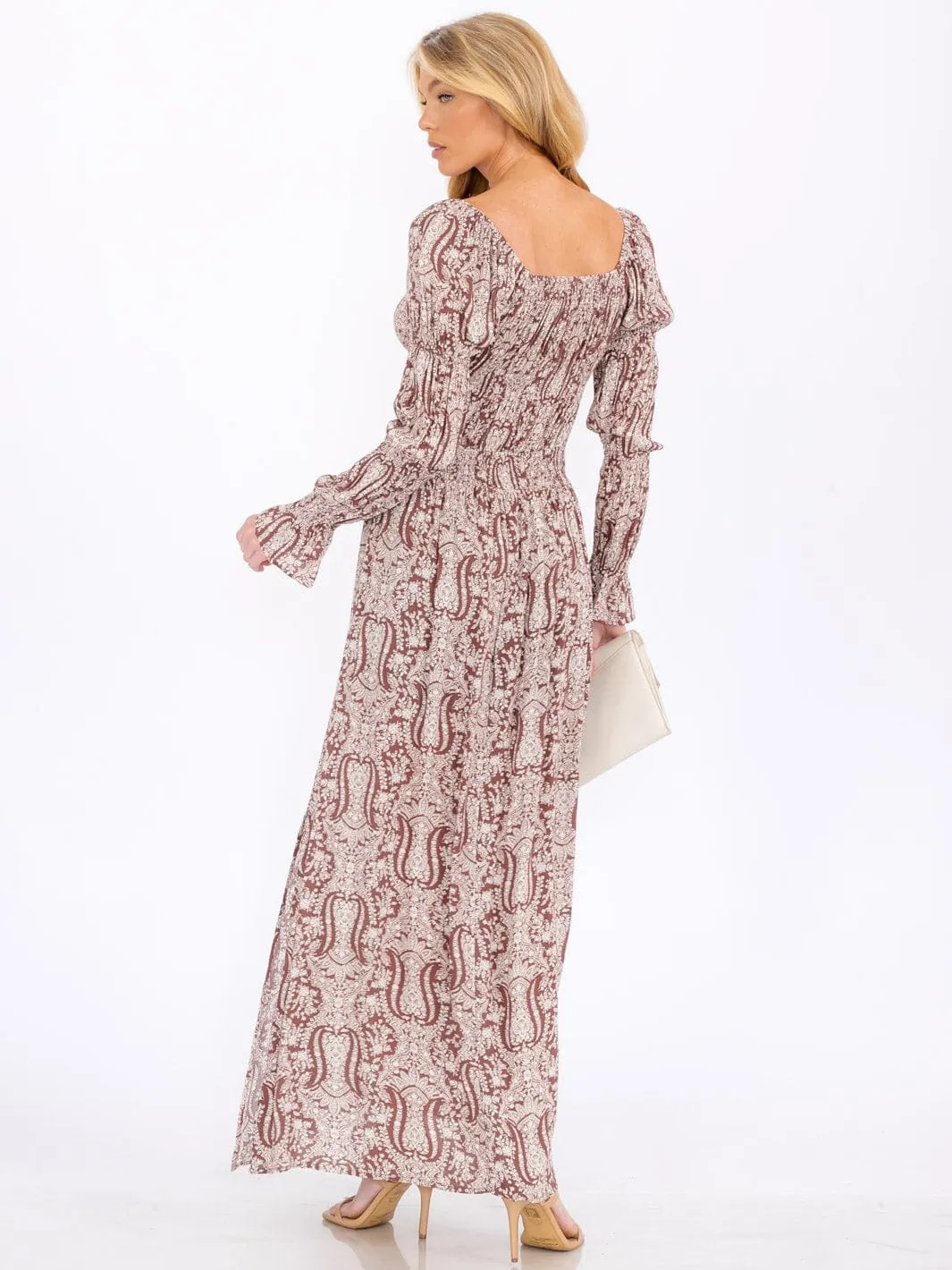WOMEN'S LONG SLEEVE SMOCK SQUARE NECK PRINTED MAXI DRESS