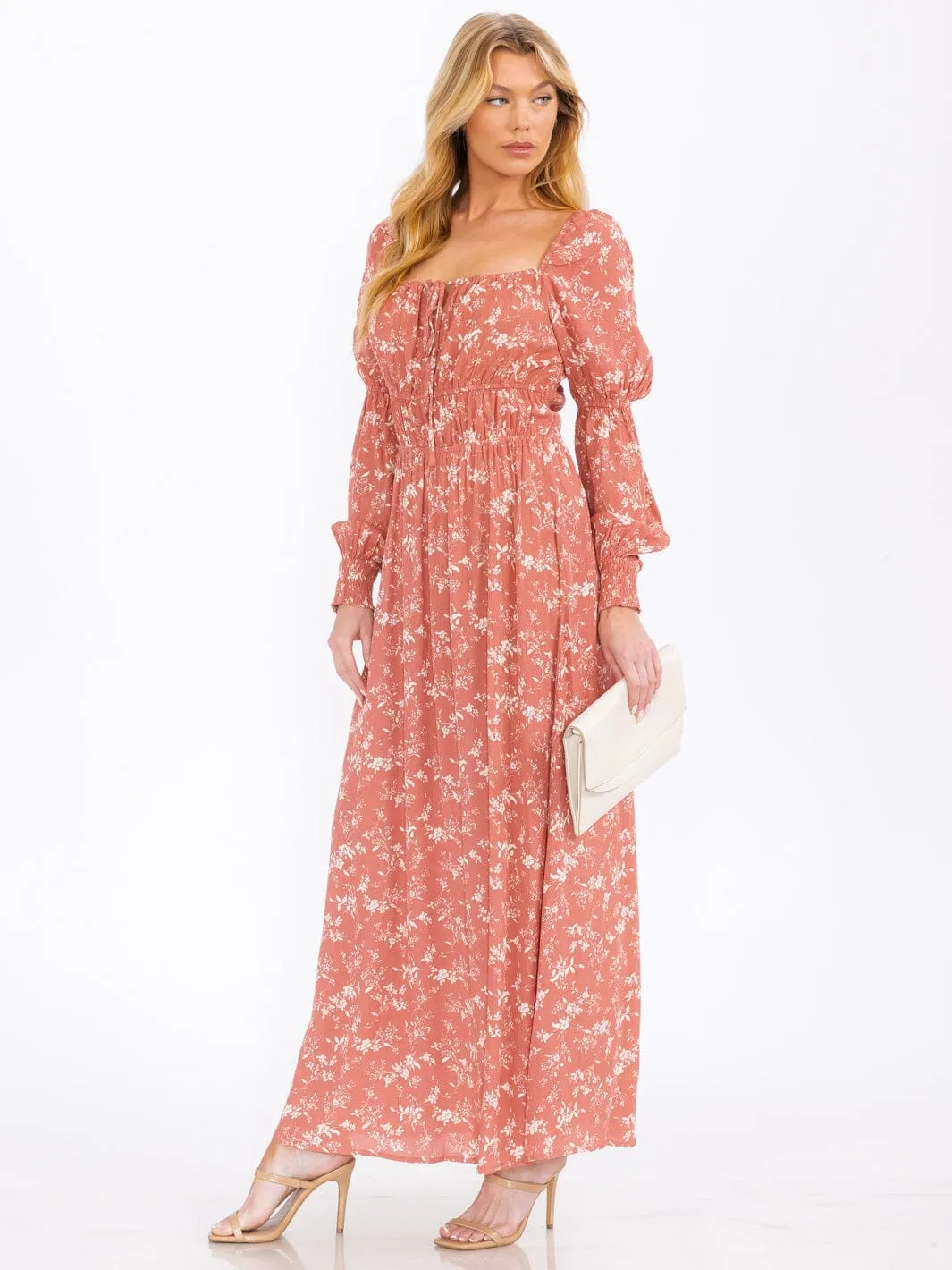 WOMEN'S LONG SLEEVE SQUARE NECK FLORAL PRINT MAXI DRESS