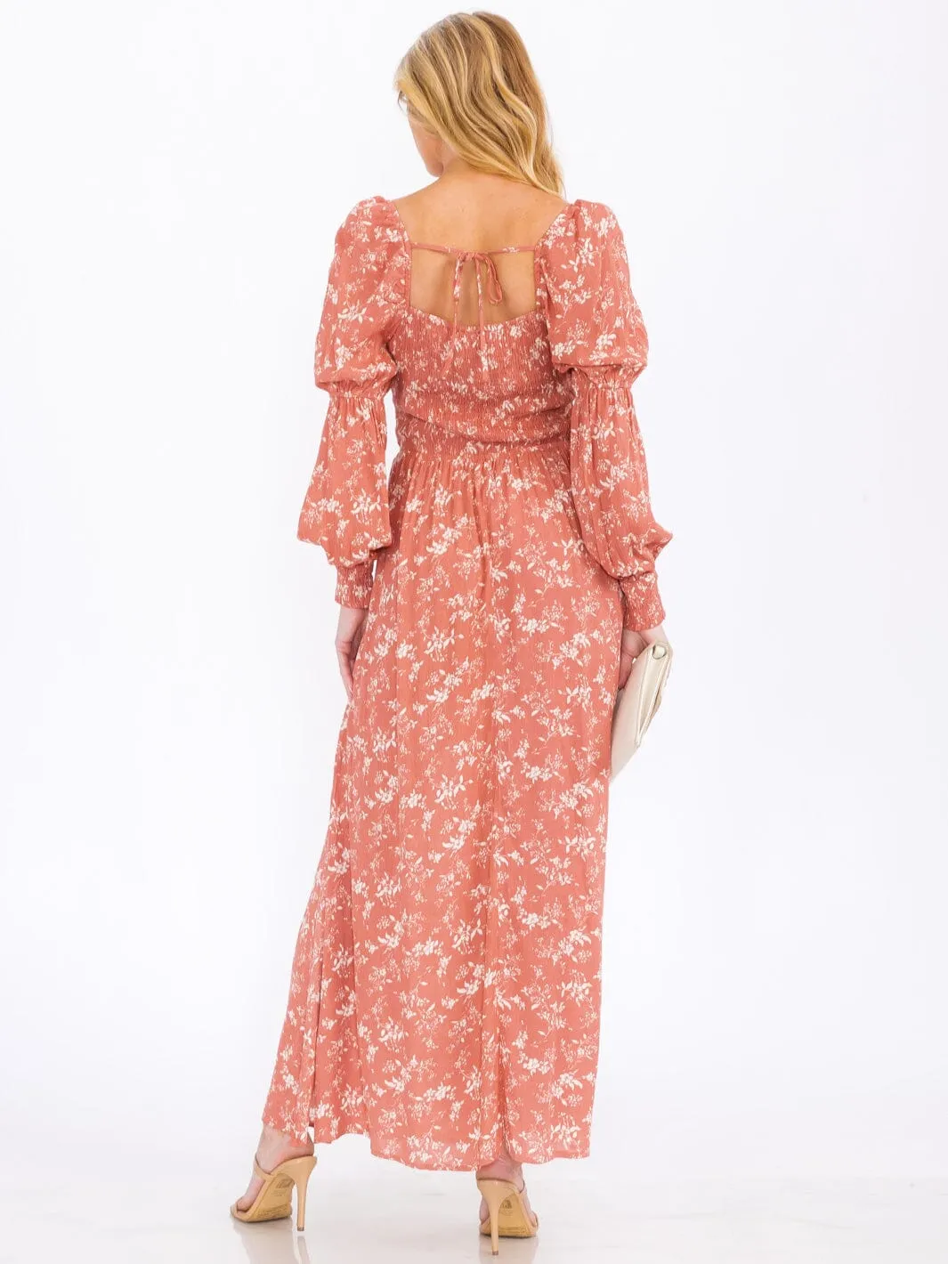 WOMEN'S LONG SLEEVE SQUARE NECK FLORAL PRINT MAXI DRESS