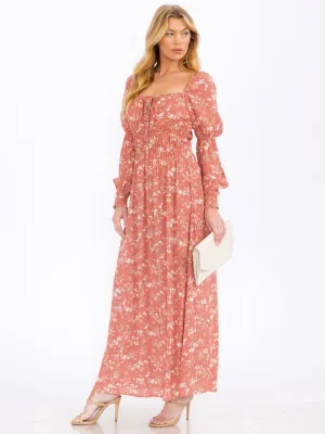 WOMEN'S LONG SLEEVE SQUARE NECK FLORAL PRINT MAXI DRESS