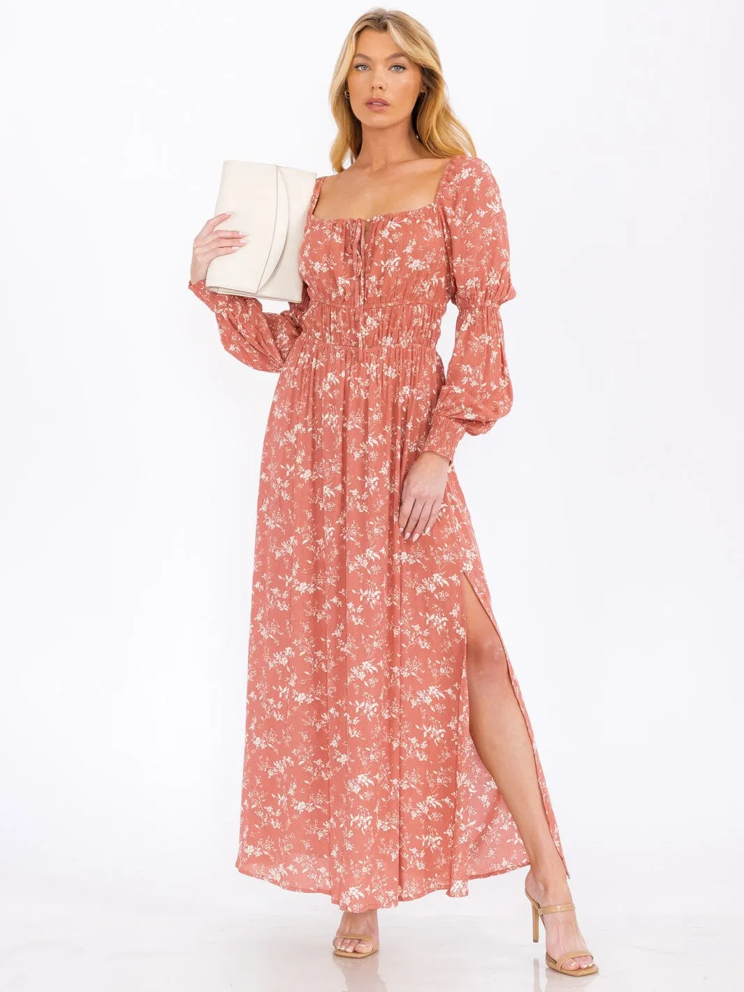 WOMEN'S LONG SLEEVE SQUARE NECK FLORAL PRINT MAXI DRESS
