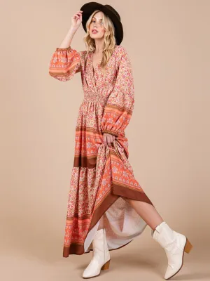 WOMEN'S LONG SLEEVE SURPLICE ELASTIC WAIST FLORAL PRINT MAXI DRESS