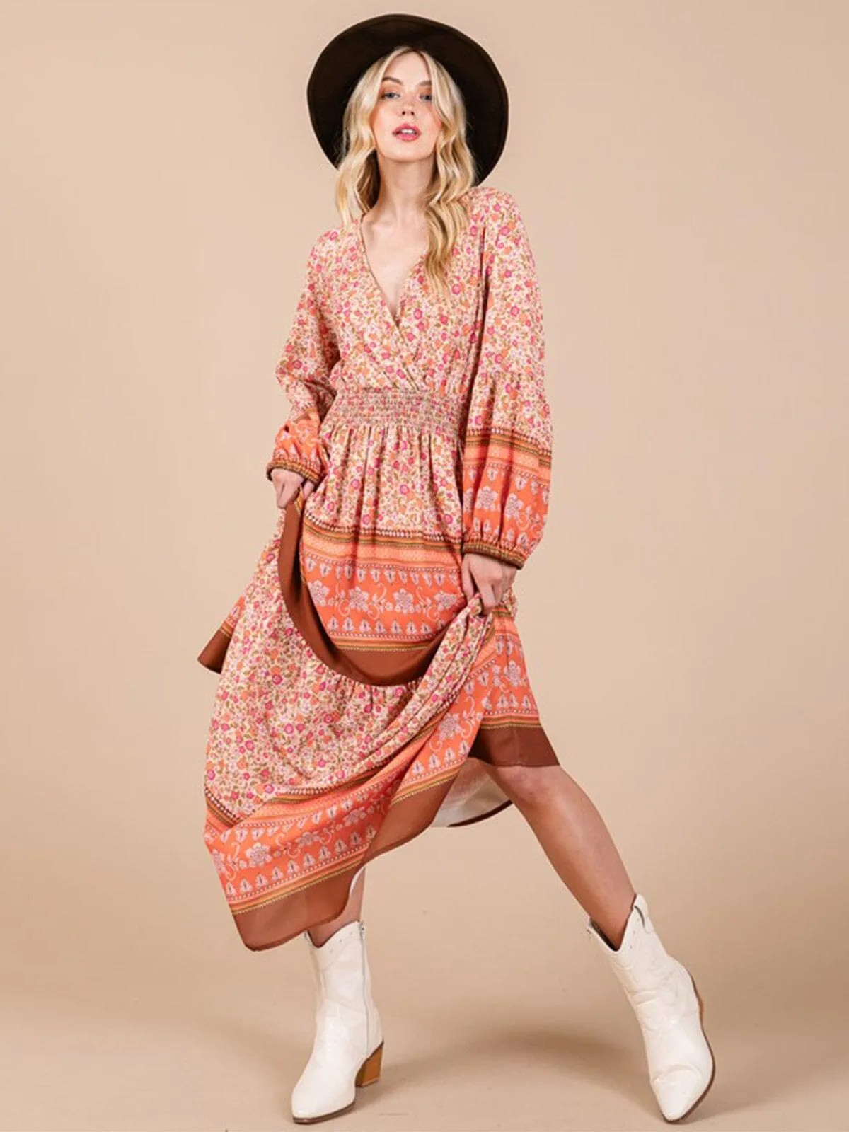 WOMEN'S LONG SLEEVE SURPLICE ELASTIC WAIST FLORAL PRINT MAXI DRESS