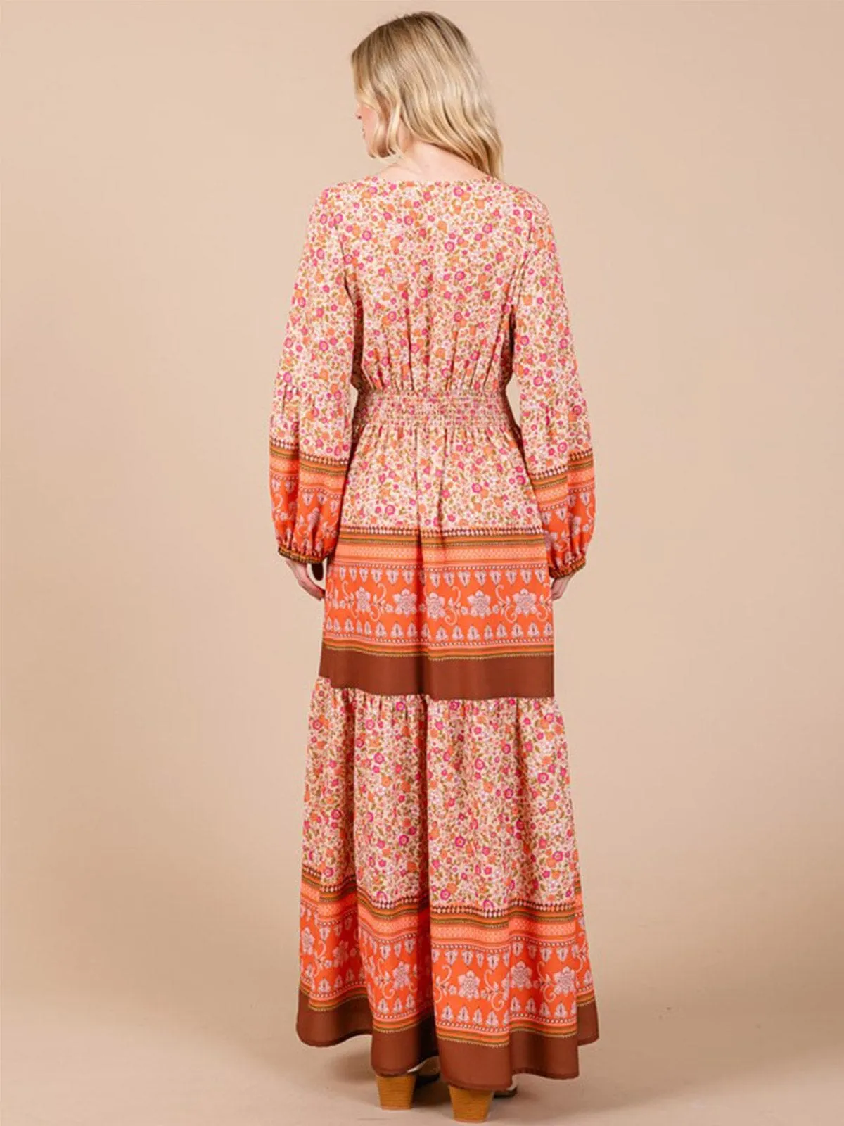 WOMEN'S LONG SLEEVE SURPLICE ELASTIC WAIST FLORAL PRINT MAXI DRESS