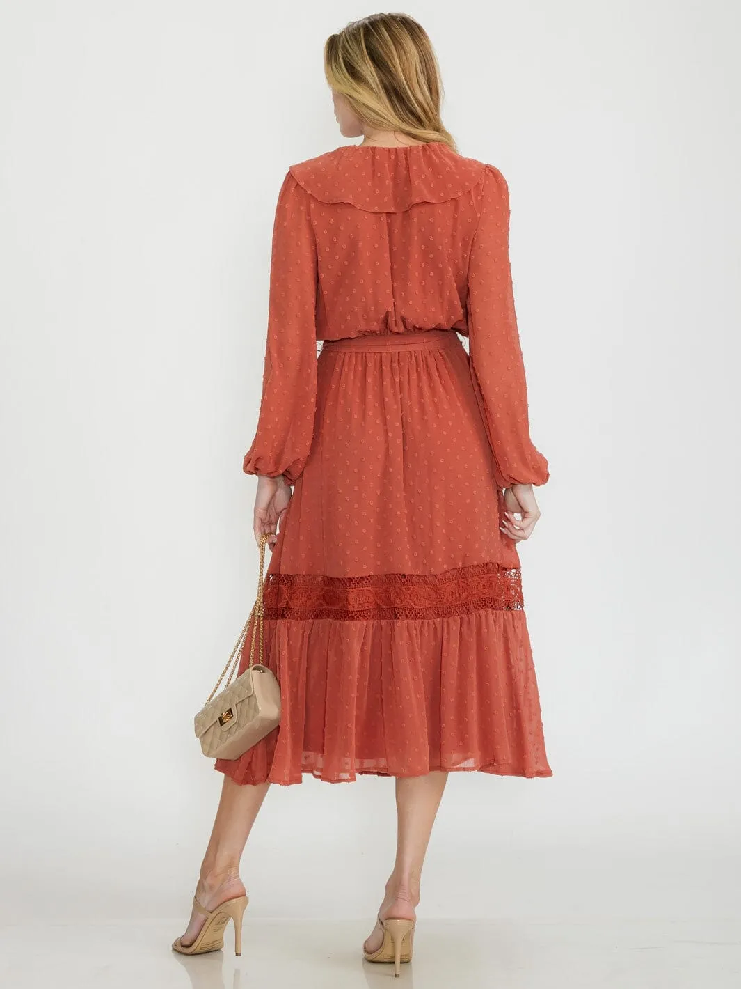 WOMEN'S LONG SLEEVE SURPLICE SWISS DOTS SELF TIE MAXI DRESS