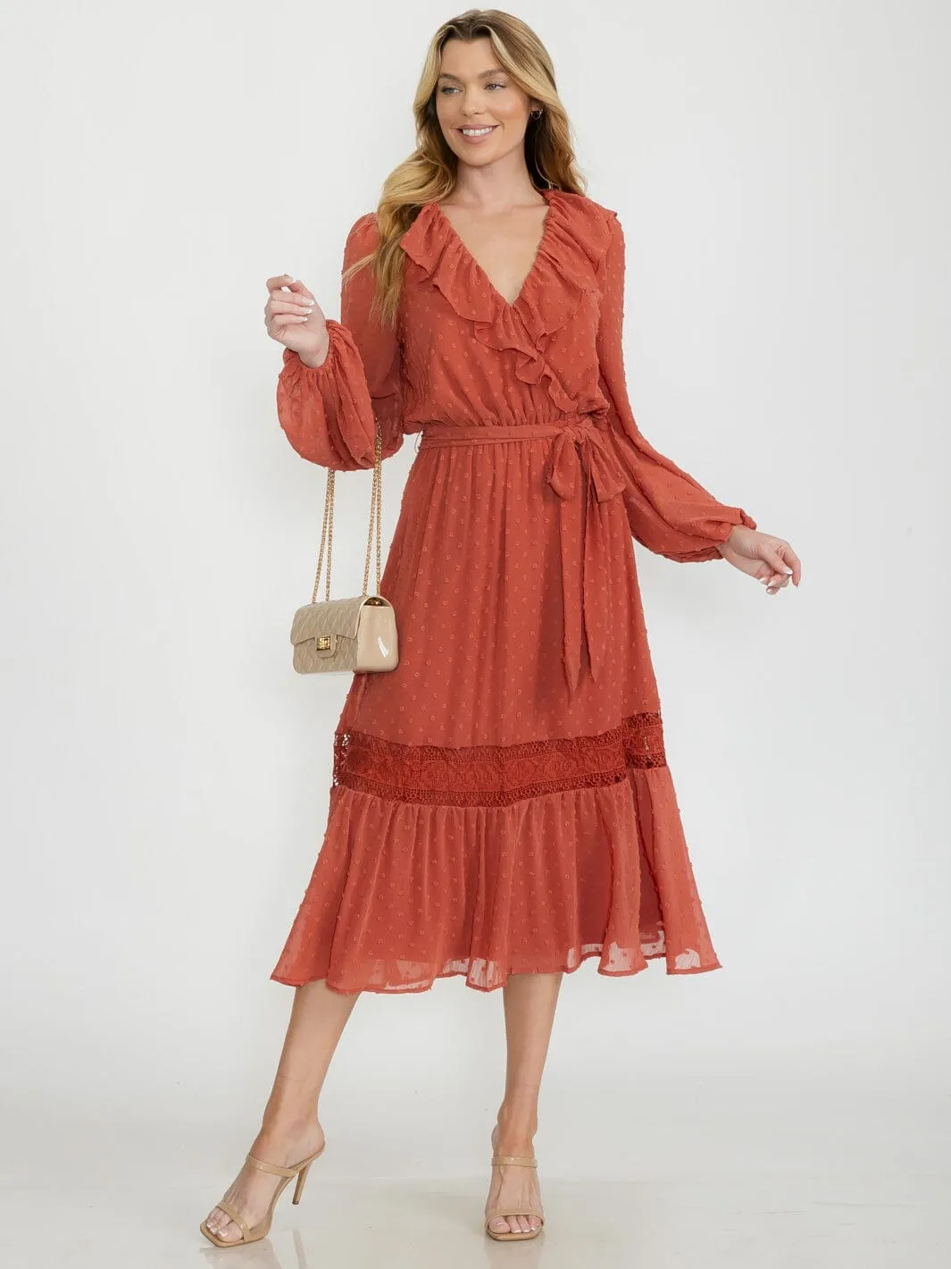 WOMEN'S LONG SLEEVE SURPLICE SWISS DOTS SELF TIE MAXI DRESS