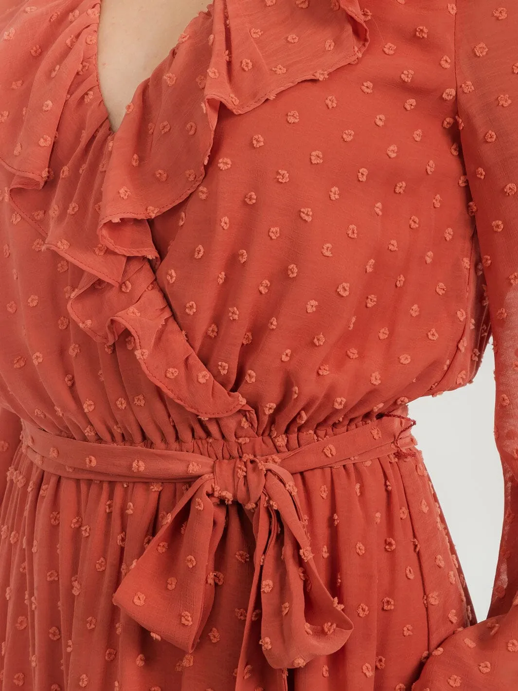 WOMEN'S LONG SLEEVE SURPLICE SWISS DOTS SELF TIE MAXI DRESS