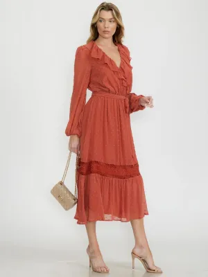 WOMEN'S LONG SLEEVE SURPLICE SWISS DOTS SELF TIE MAXI DRESS