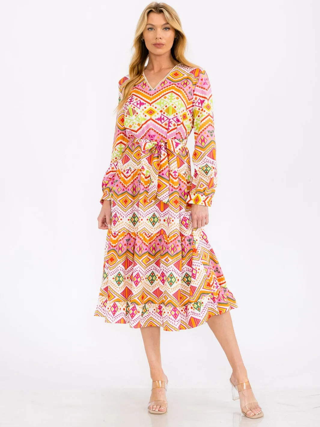 WOMEN'S LONG SLEEVE V-NECK SELF TIE MULTI PRINT MAXI DRESS