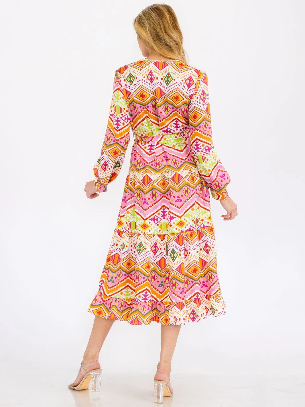WOMEN'S LONG SLEEVE V-NECK SELF TIE MULTI PRINT MAXI DRESS