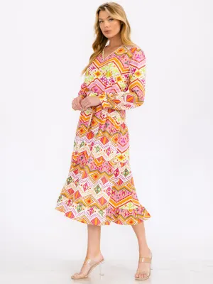 WOMEN'S LONG SLEEVE V-NECK SELF TIE MULTI PRINT MAXI DRESS