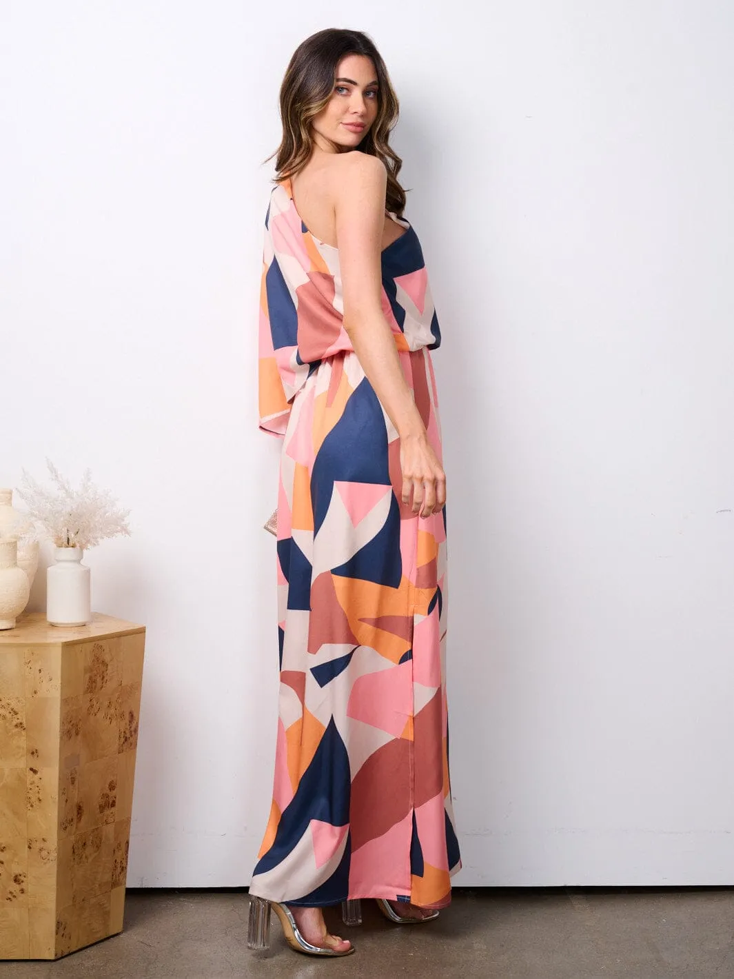 WOMEN'S ONE SHOULDER MULTI PRINT MAXI DRESS