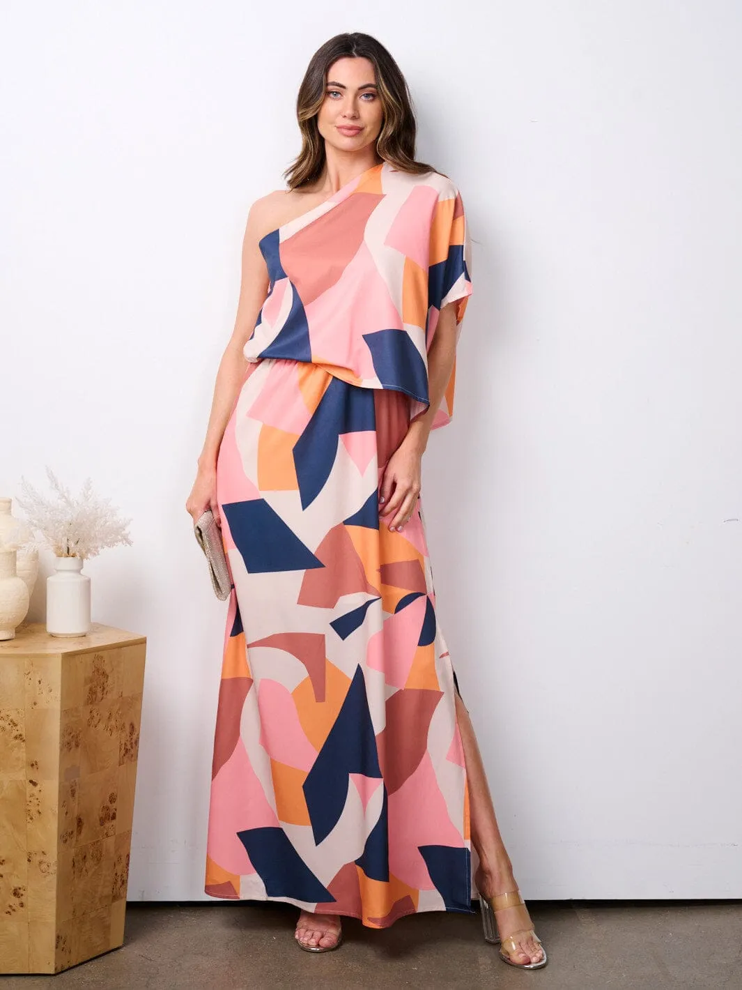 WOMEN'S ONE SHOULDER MULTI PRINT MAXI DRESS