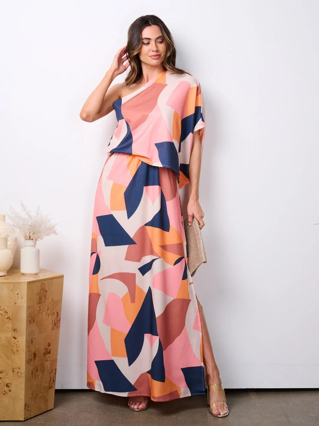 WOMEN'S ONE SHOULDER MULTI PRINT MAXI DRESS
