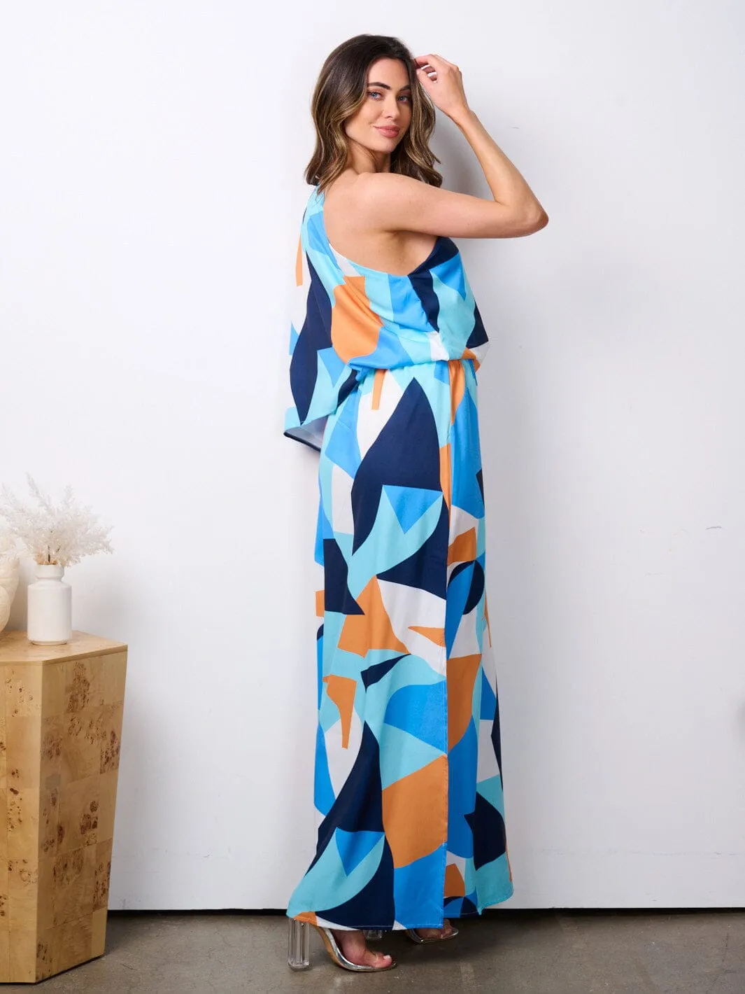 WOMEN'S ONE SHOULDER MULTI PRINT MAXI DRESS