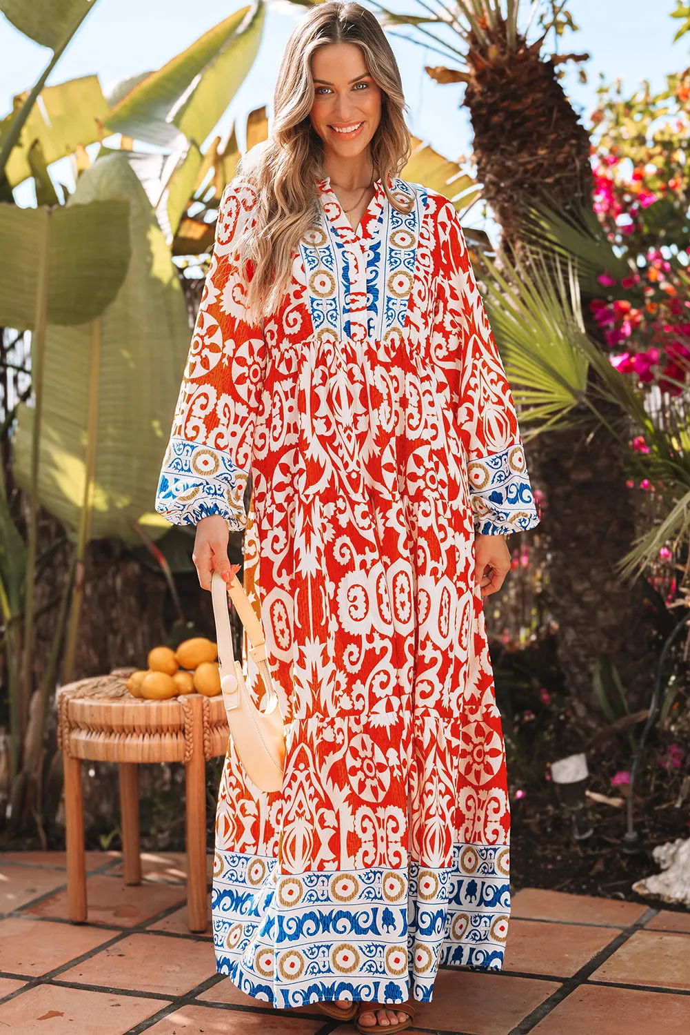 Womens Orange Boho Geometric Printed Long Sleeve Maxi Dress