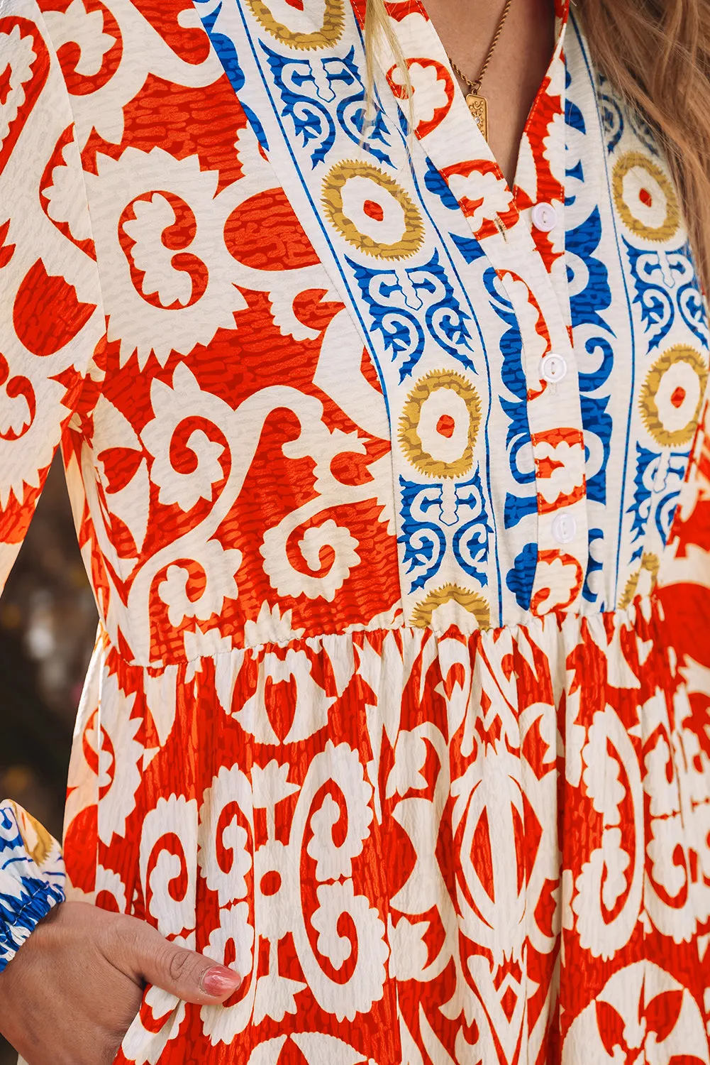 Womens Orange Boho Geometric Printed Long Sleeve Maxi Dress