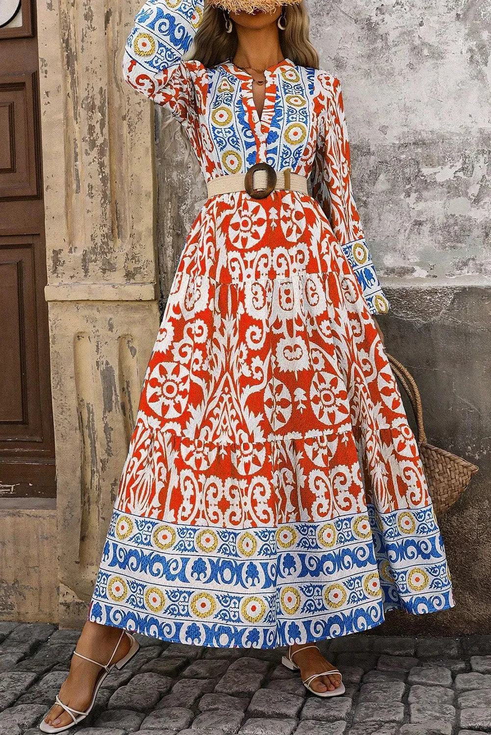 Womens Orange Boho Geometric Printed Long Sleeve Maxi Dress