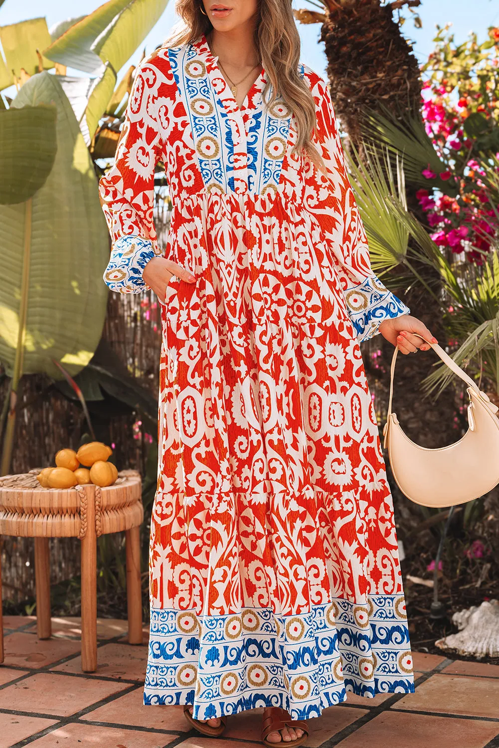 Womens Orange Boho Geometric Printed Long Sleeve Maxi Dress