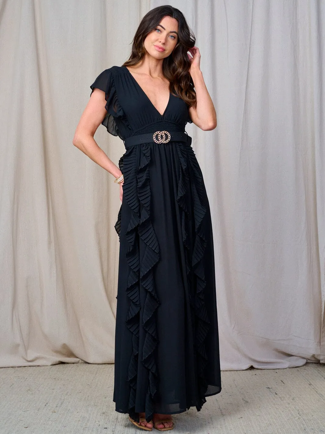 WOMEN'S RUFFLE SLEEVE V-NECK SMOCK BELTED MAXI DRESS