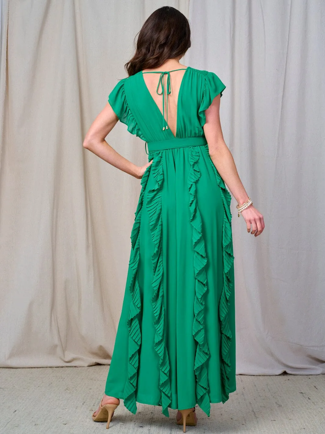 WOMEN'S RUFFLE SLEEVE V-NECK SMOCK BELTED MAXI DRESS