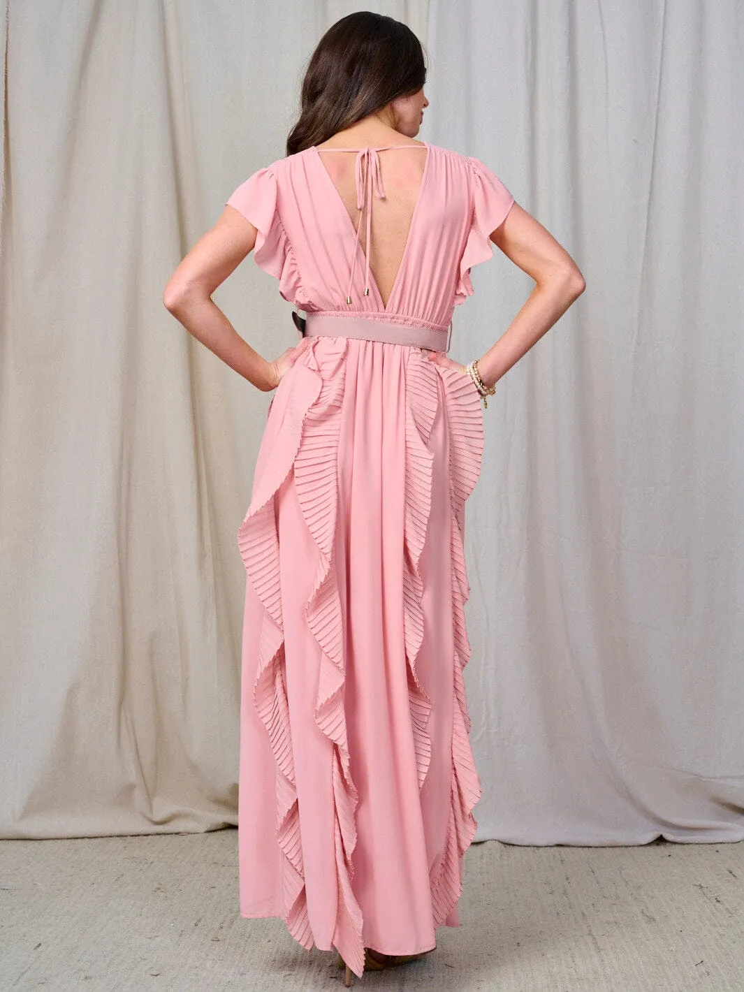 WOMEN'S RUFFLE SLEEVE V-NECK SMOCK BELTED MAXI DRESS